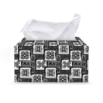 Grey African Adinkra Symbols Print Leather Tissue Box Cover