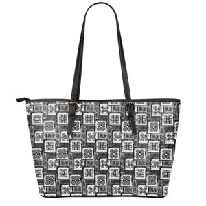 Grey African Adinkra Symbols Print Leather Tote Bag