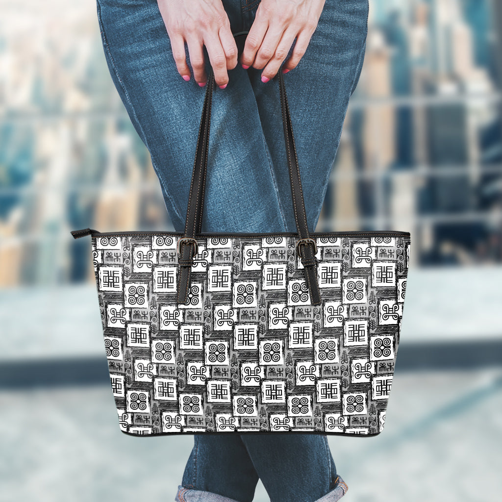 Grey African Adinkra Symbols Print Leather Tote Bag