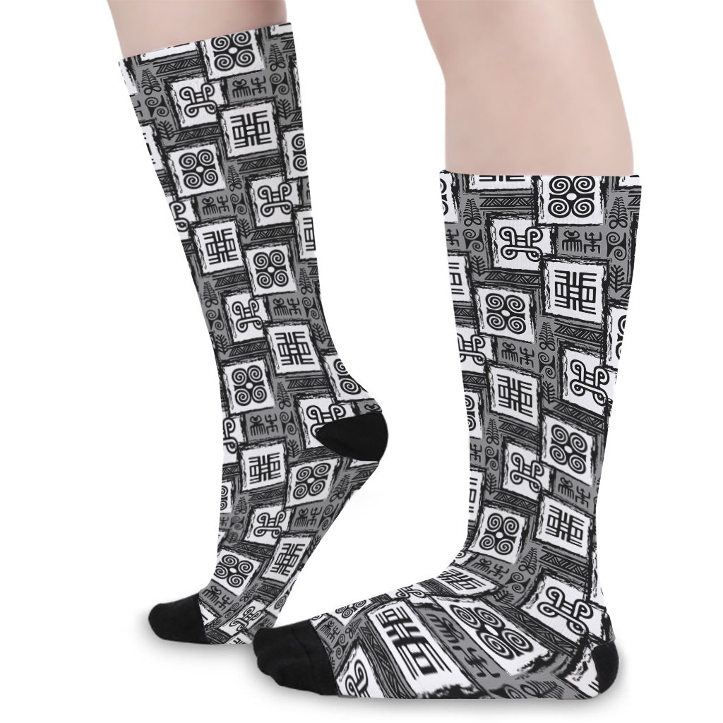 Grey African Adinkra Symbols Print Long Socks