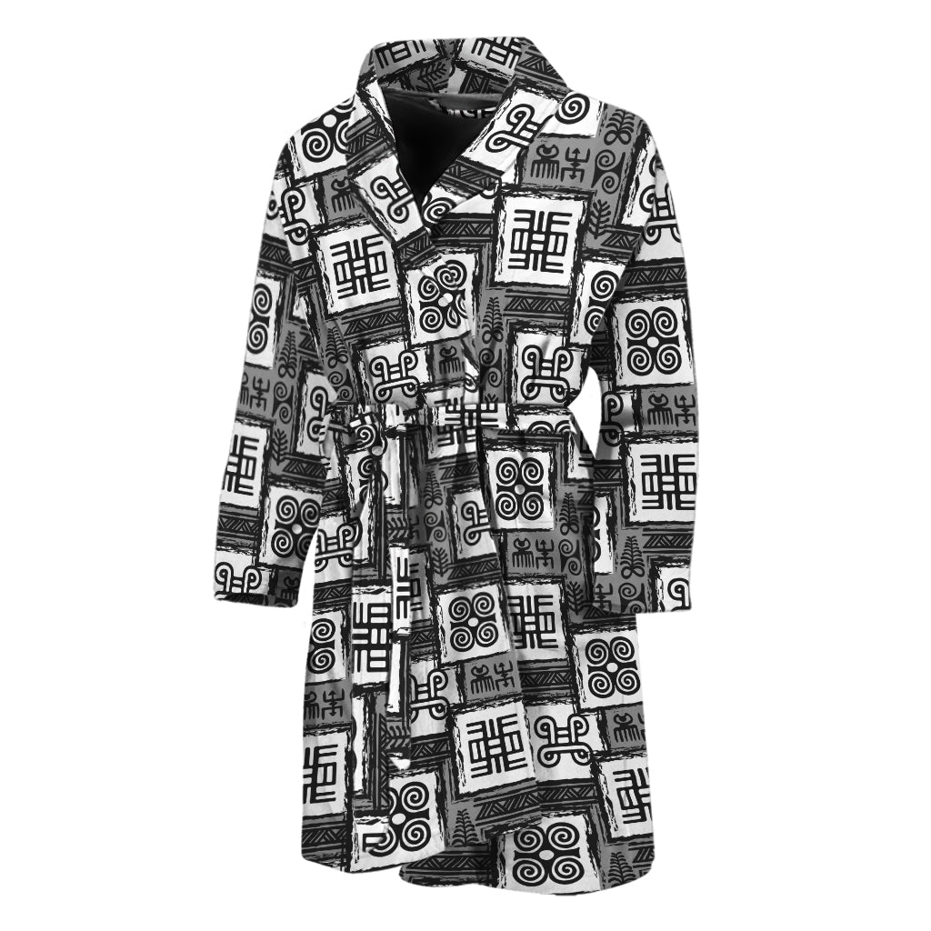 Grey African Adinkra Symbols Print Men's Bathrobe