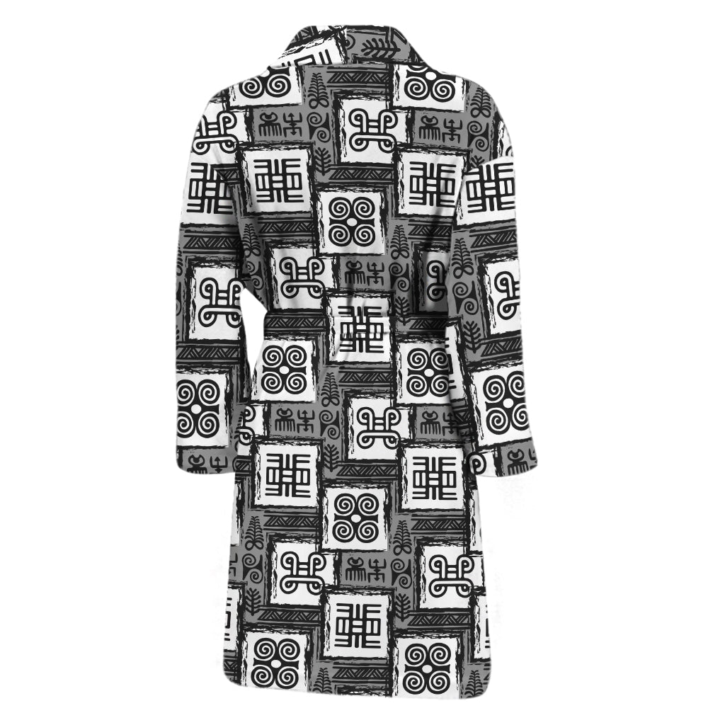 Grey African Adinkra Symbols Print Men's Bathrobe