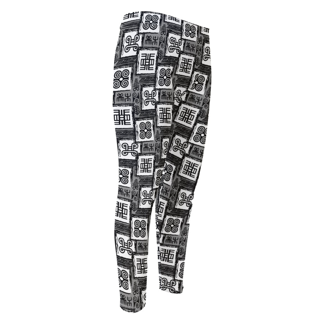 Grey African Adinkra Symbols Print Men's Compression Pants