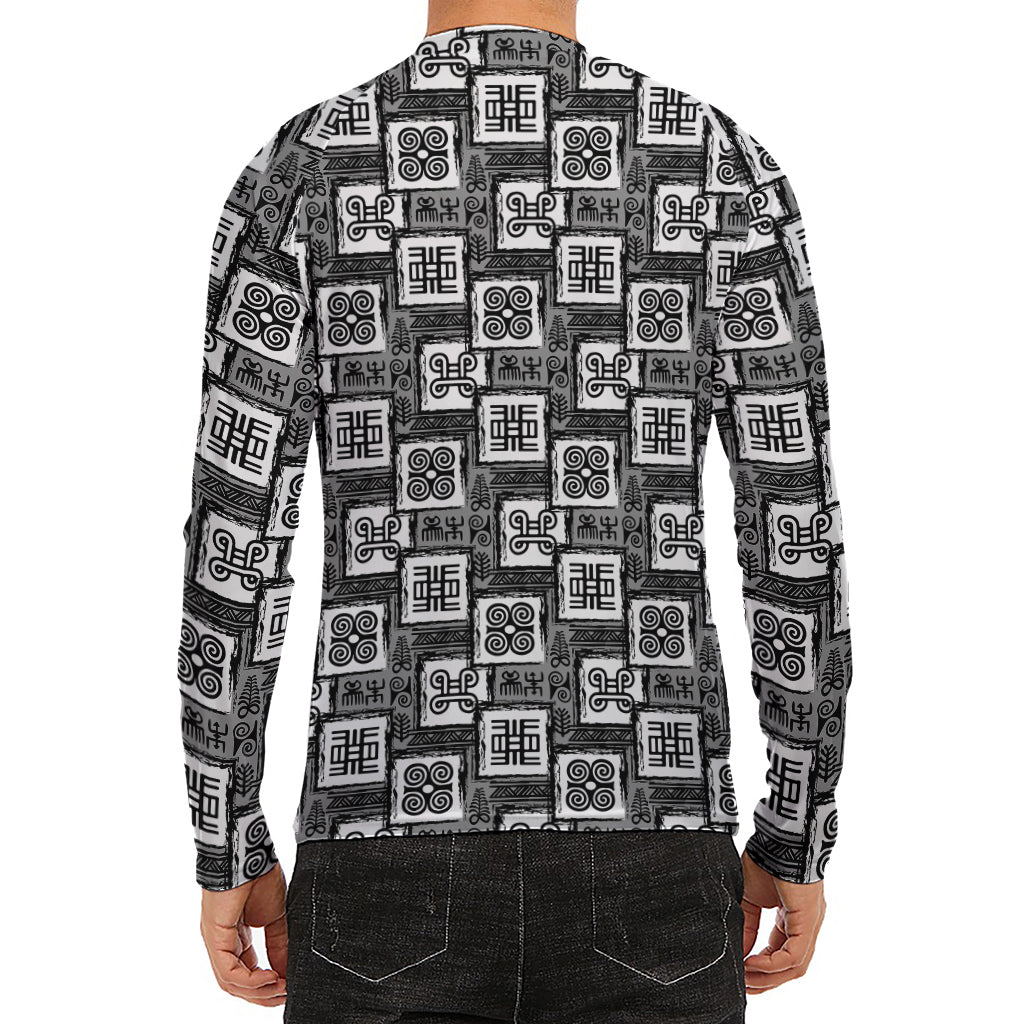 Grey African Adinkra Symbols Print Men's Long Sleeve Rash Guard