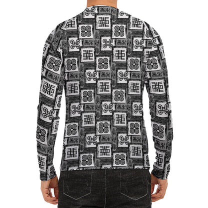 Grey African Adinkra Symbols Print Men's Long Sleeve Rash Guard