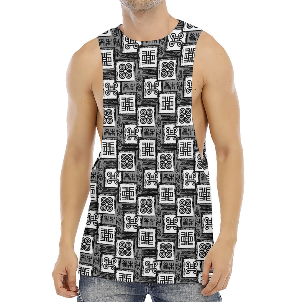 Grey African Adinkra Symbols Print Men's Muscle Tank Top