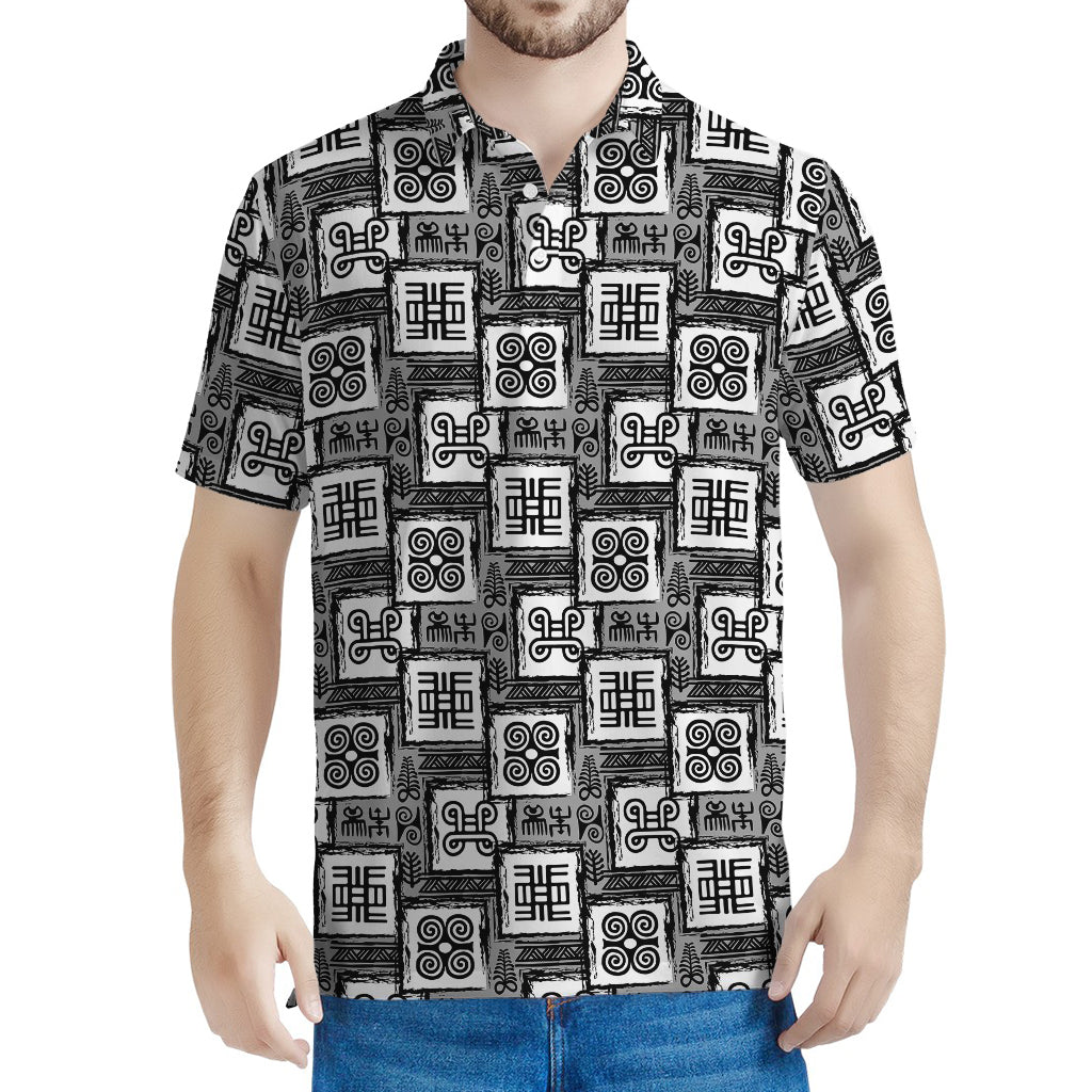 Grey African Adinkra Symbols Print Men's Polo Shirt