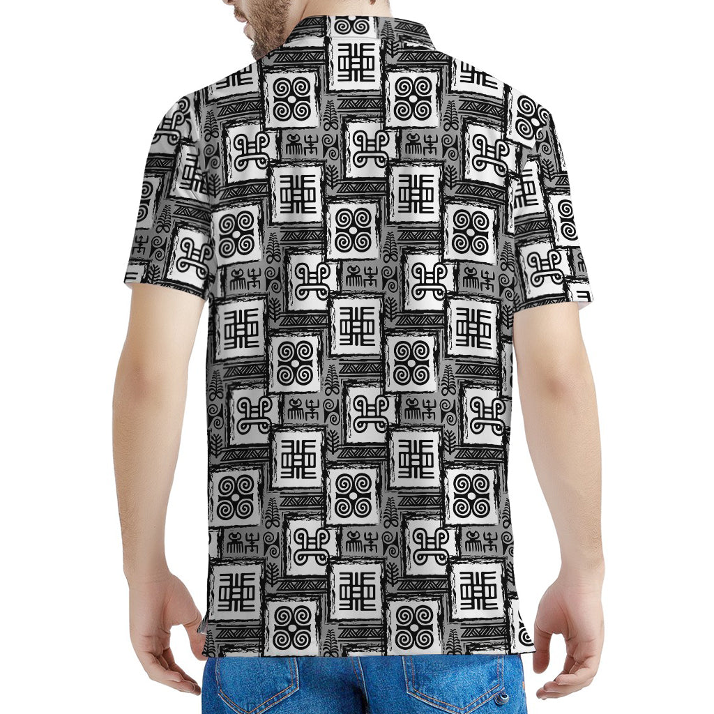 Grey African Adinkra Symbols Print Men's Polo Shirt