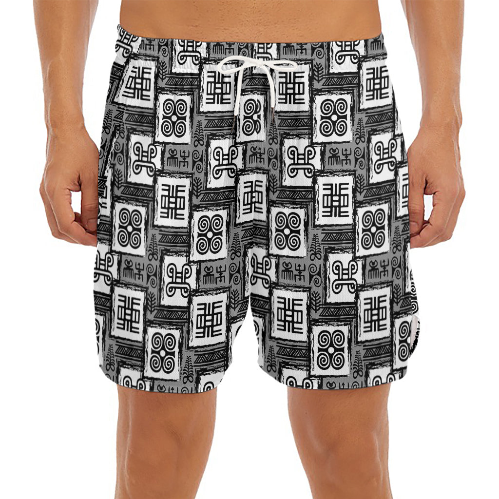 Grey African Adinkra Symbols Print Men's Split Running Shorts