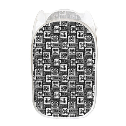 Grey African Adinkra Symbols Print Mesh Laundry Hamper