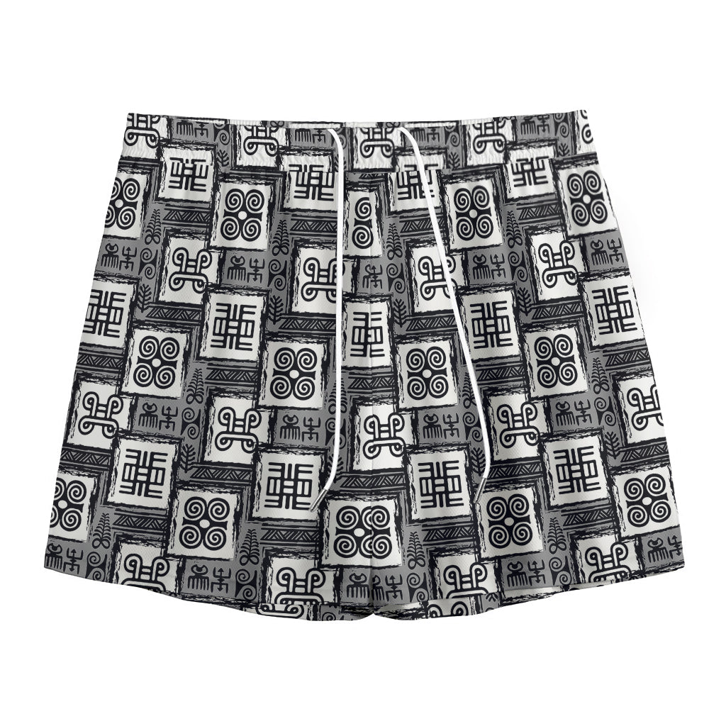 Grey African Adinkra Symbols Print Mesh Shorts