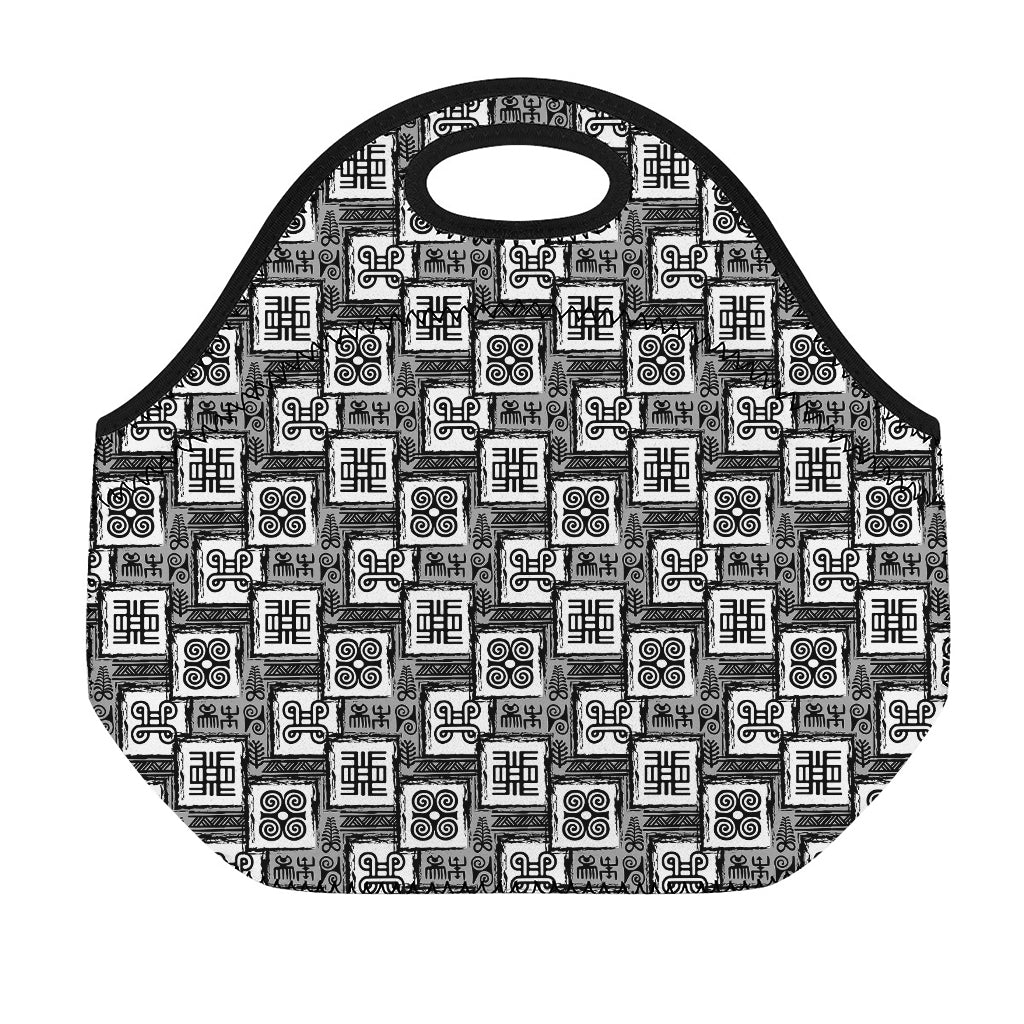 Grey African Adinkra Symbols Print Neoprene Lunch Bag