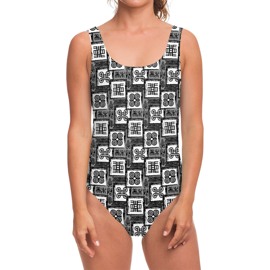 Grey African Adinkra Symbols Print One Piece Swimsuit