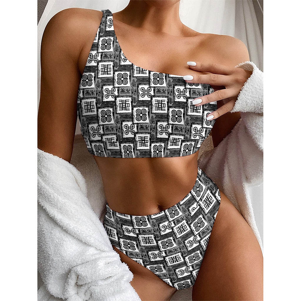 Grey African Adinkra Symbols Print One Shoulder Bikini Top