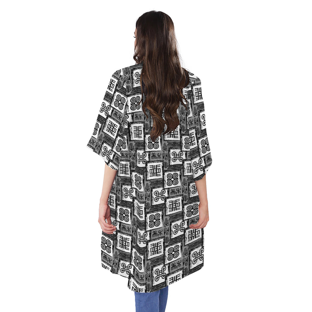 Grey African Adinkra Symbols Print Open Front Beach Cover Up