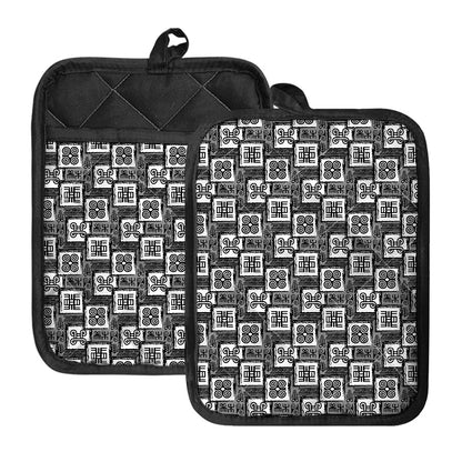 Grey African Adinkra Symbols Print Pot Holders With Pocket