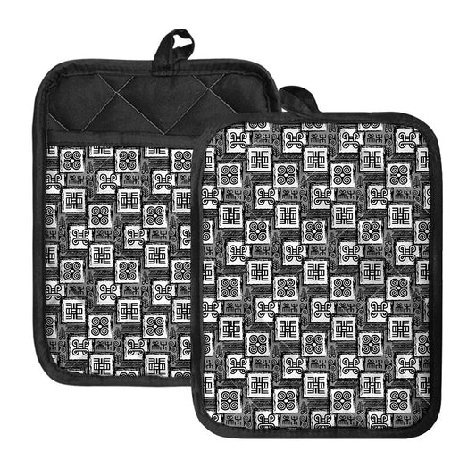 Grey African Adinkra Symbols Print Pot Holders With Pocket
