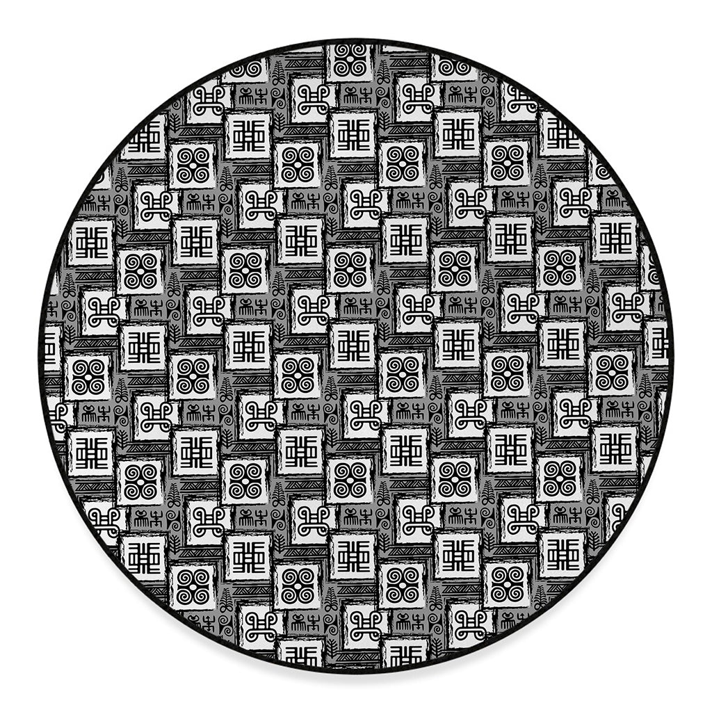 Grey African Adinkra Symbols Print Round Floor Mat