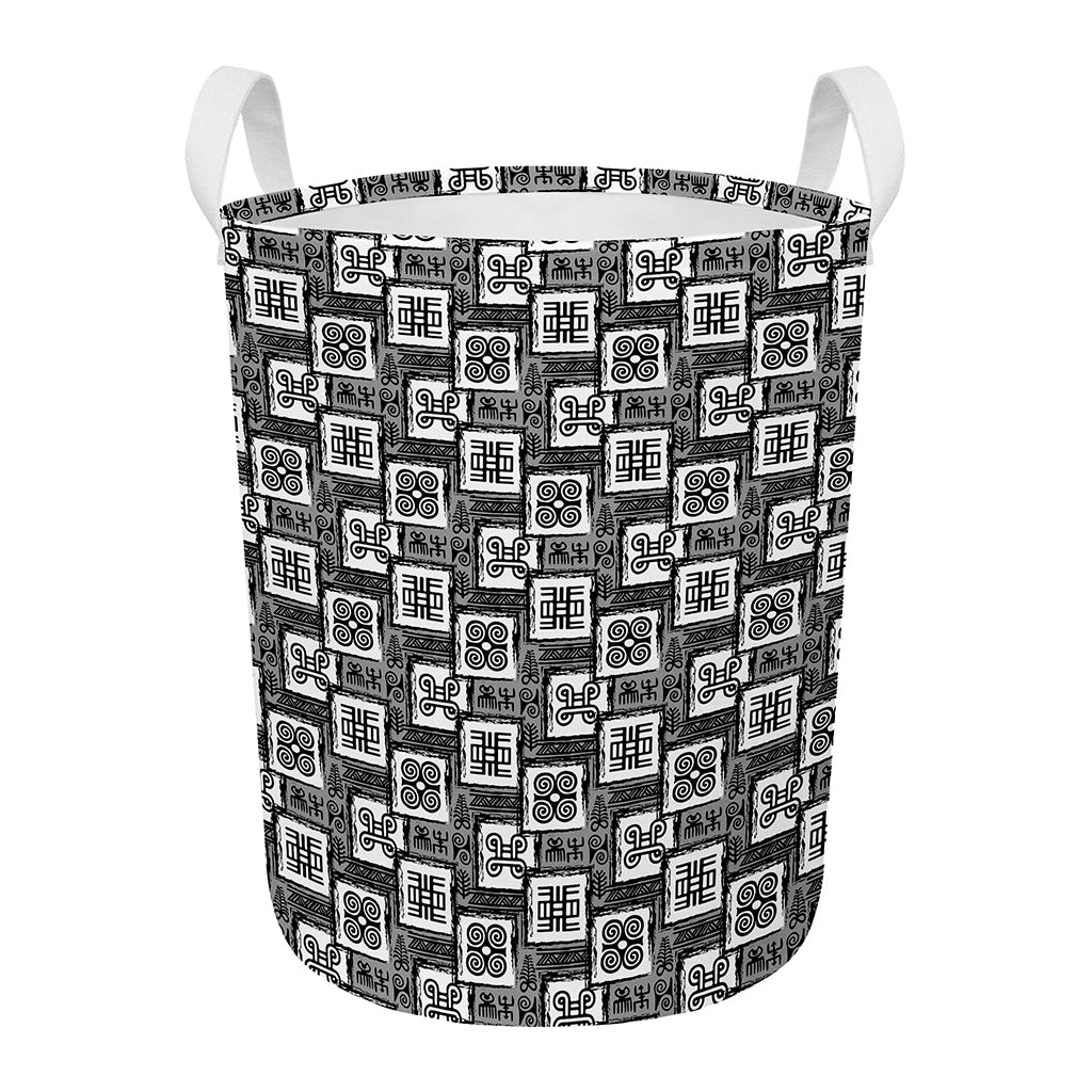 Grey African Adinkra Symbols Print Round Laundry Basket