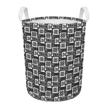 Grey African Adinkra Symbols Print Round Laundry Basket