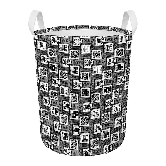 Grey African Adinkra Symbols Print Round Laundry Basket