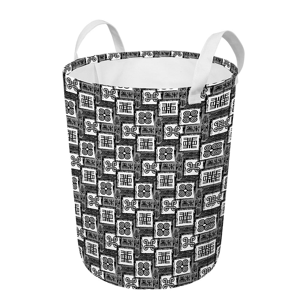 Grey African Adinkra Symbols Print Round Laundry Basket