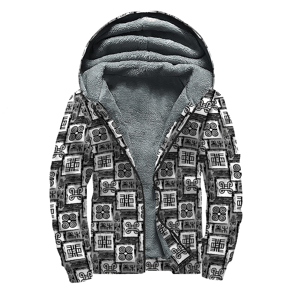 Grey African Adinkra Symbols Print Sherpa Lined Zip Up Hoodie