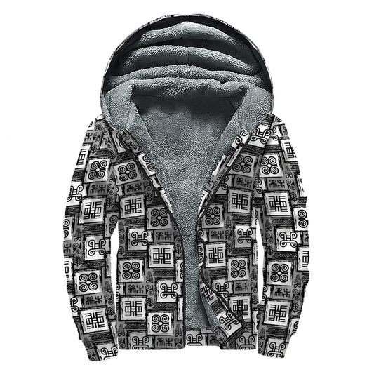 Grey African Adinkra Symbols Print Sherpa Lined Zip Up Hoodie