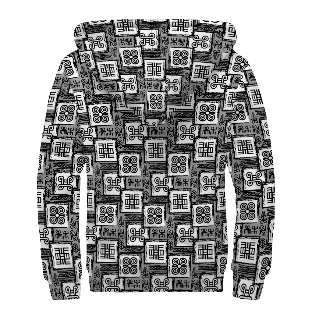 Grey African Adinkra Symbols Print Sherpa Lined Zip Up Hoodie