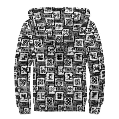 Grey African Adinkra Symbols Print Sherpa Lined Zip Up Hoodie