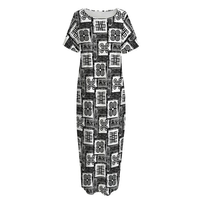Grey African Adinkra Symbols Print Short Sleeve Long Nightdress