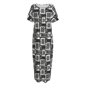 Grey African Adinkra Symbols Print Short Sleeve Long Nightdress