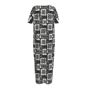 Grey African Adinkra Symbols Print Short Sleeve Long Nightdress