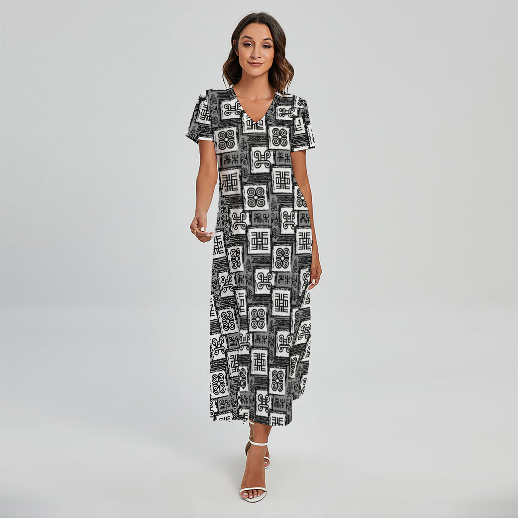 Grey African Adinkra Symbols Print Short Sleeve Maxi Dress