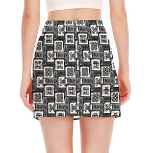 Grey African Adinkra Symbols Print Side Slit Mini Skirt