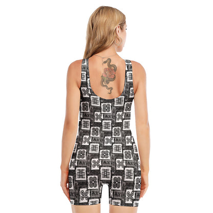 Grey African Adinkra Symbols Print Sleeveless One Piece Swimsuit
