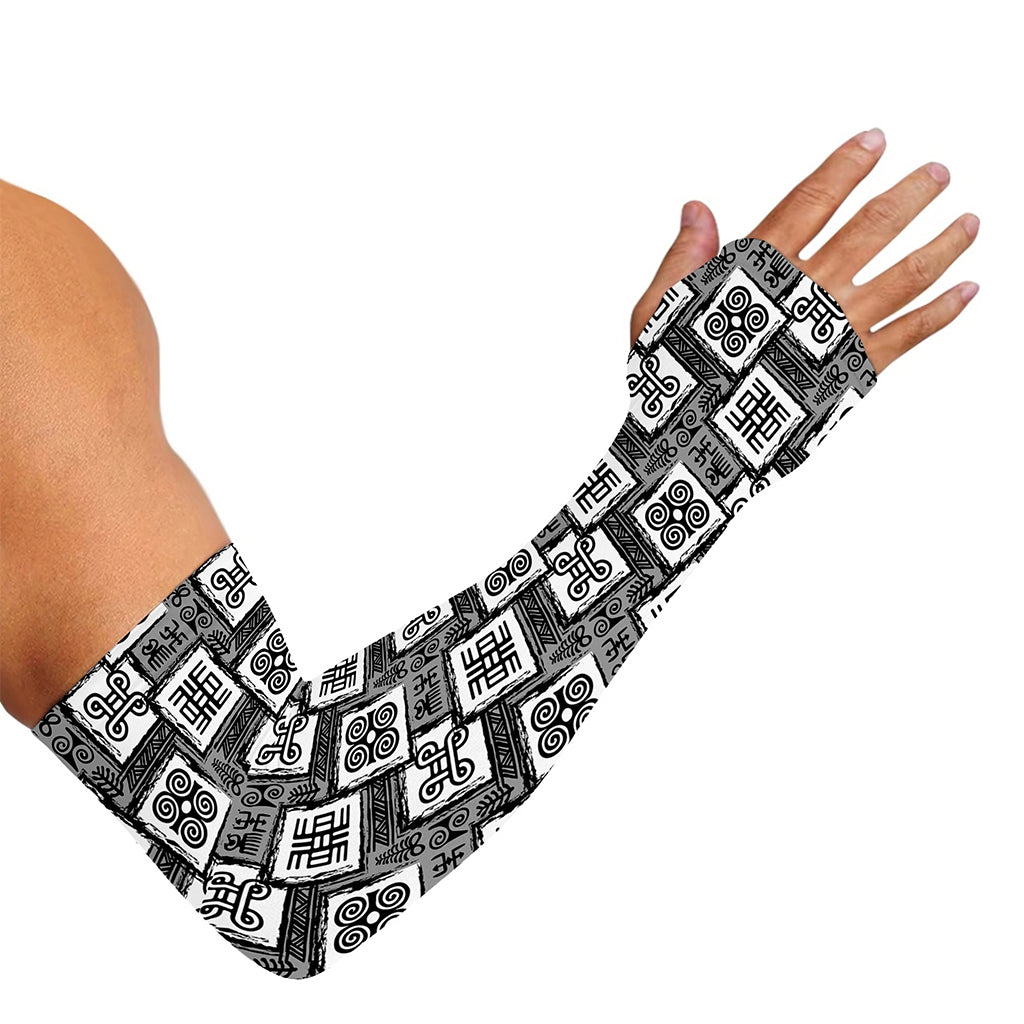 Grey African Adinkra Symbols Print Sun Protection Arm Sleeves