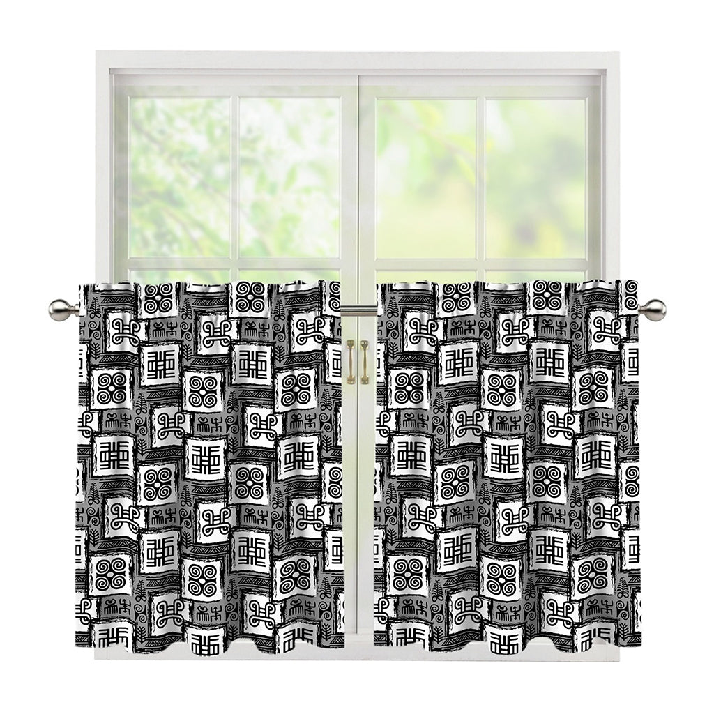 Grey African Adinkra Symbols Print Tier Curtains