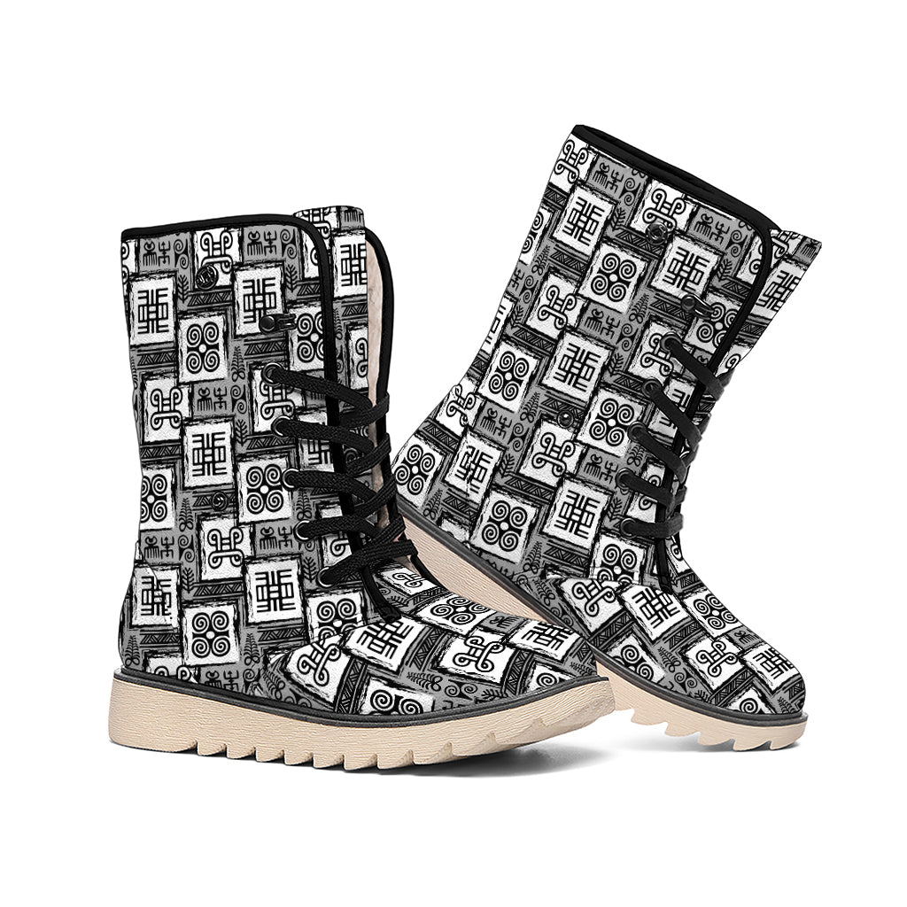 Grey African Adinkra Symbols Print Winter Boots