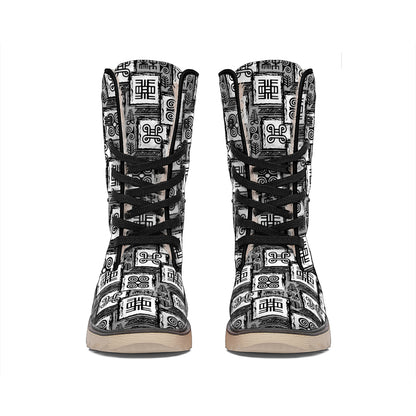 Grey African Adinkra Symbols Print Winter Boots