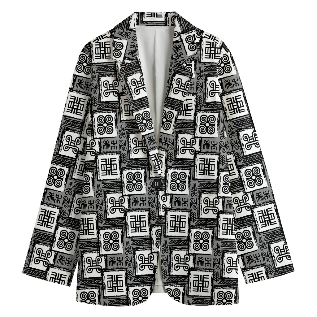 Grey African Adinkra Symbols Print Women's Blazer