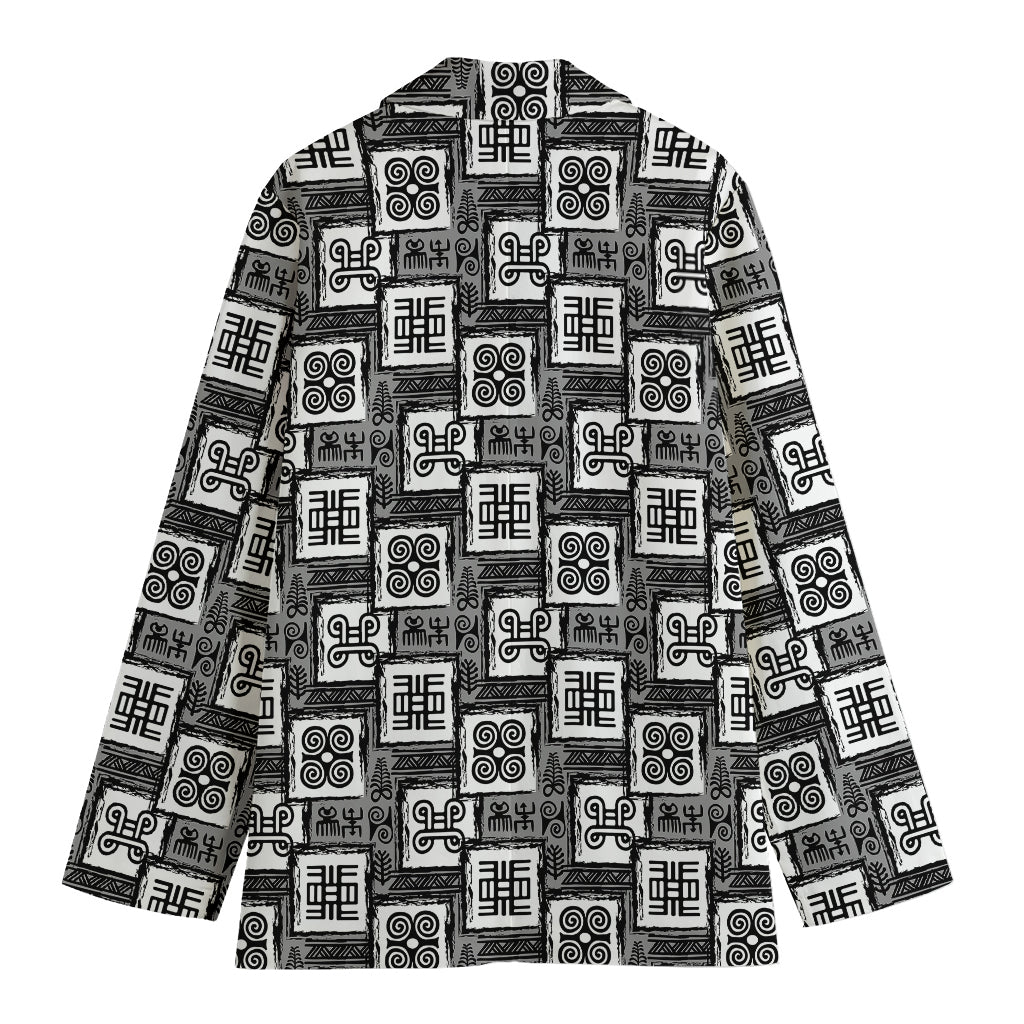 Grey African Adinkra Symbols Print Women's Blazer