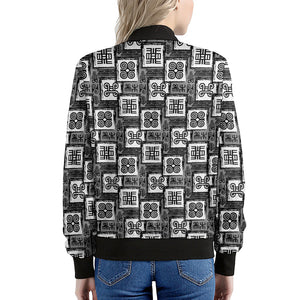 Grey African Adinkra Symbols Print Women's Bomber Jacket