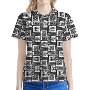 Grey African Adinkra Symbols Print Women's Polo Shirt