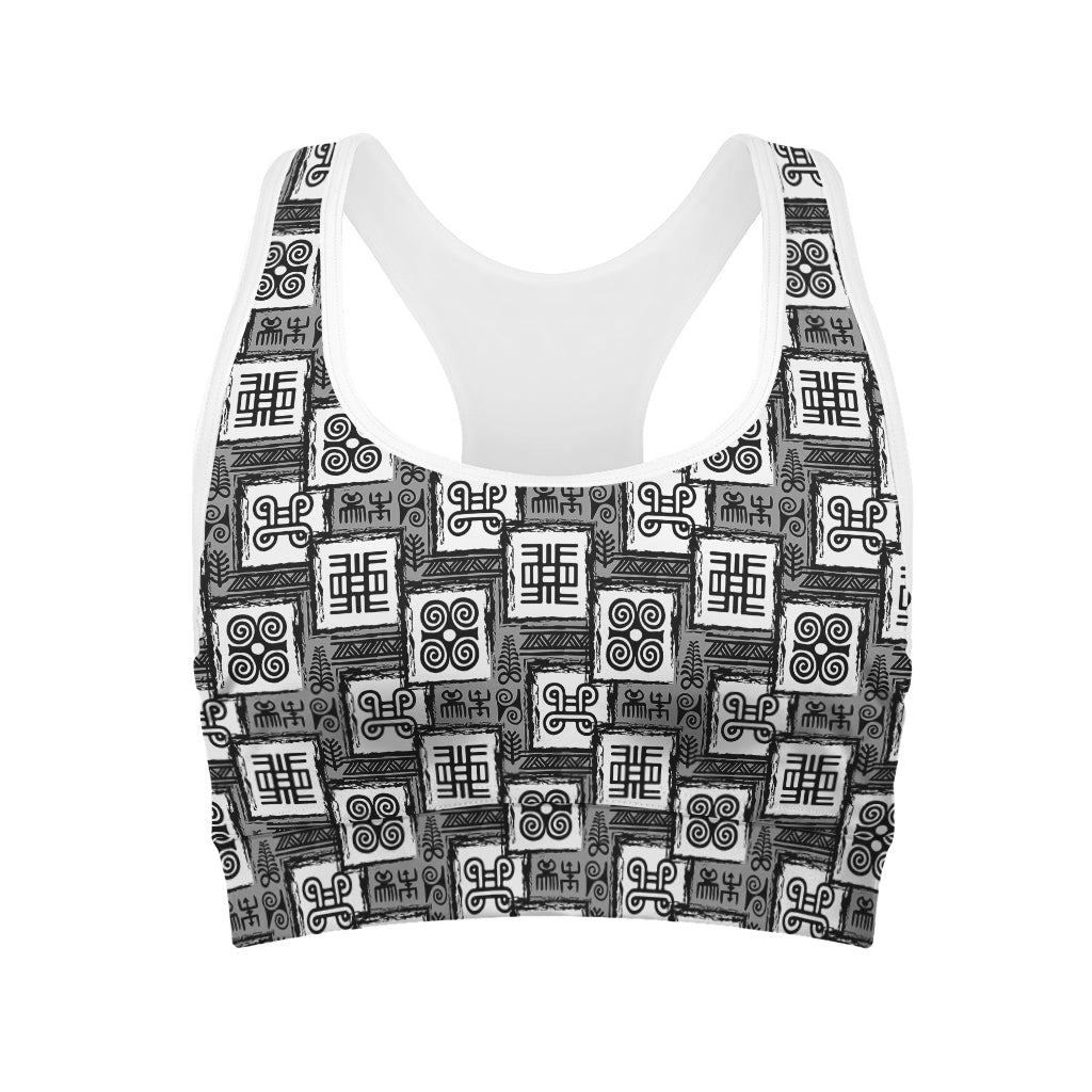 Grey African Adinkra Symbols Print Women's Sports Bra