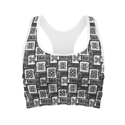 Grey African Adinkra Symbols Print Women's Sports Bra