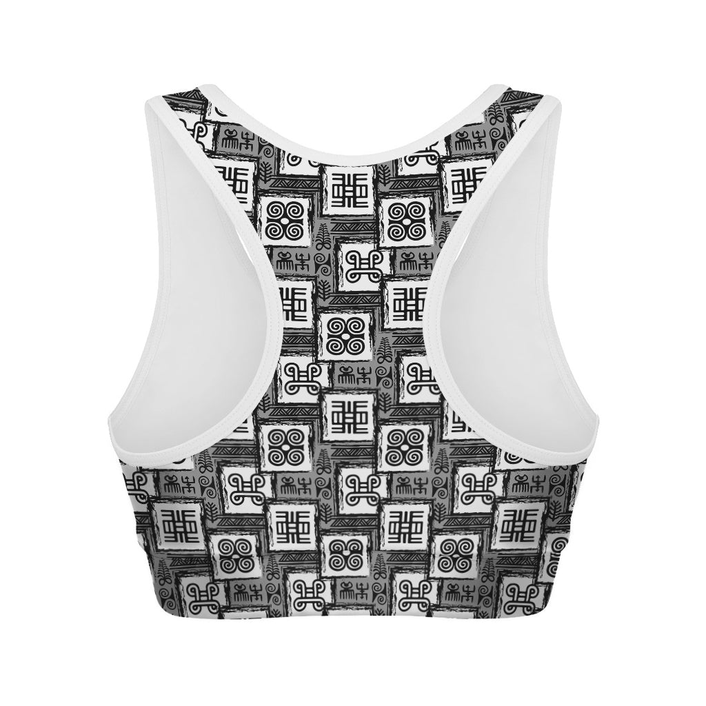 Grey African Adinkra Symbols Print Women's Sports Bra