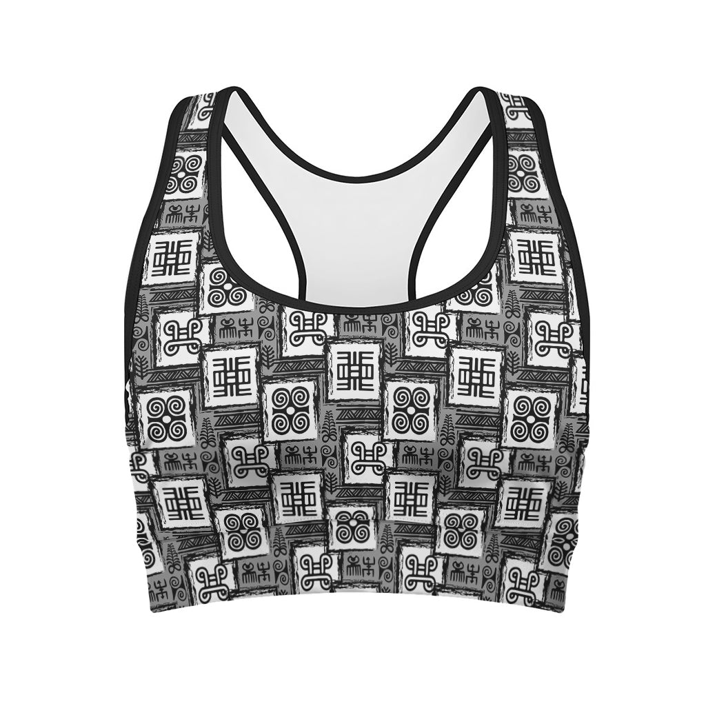 Grey African Adinkra Symbols Print Women's Sports Bra