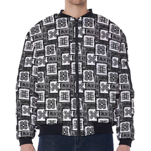 Grey African Adinkra Symbols Print Zip Sleeve Bomber Jacket