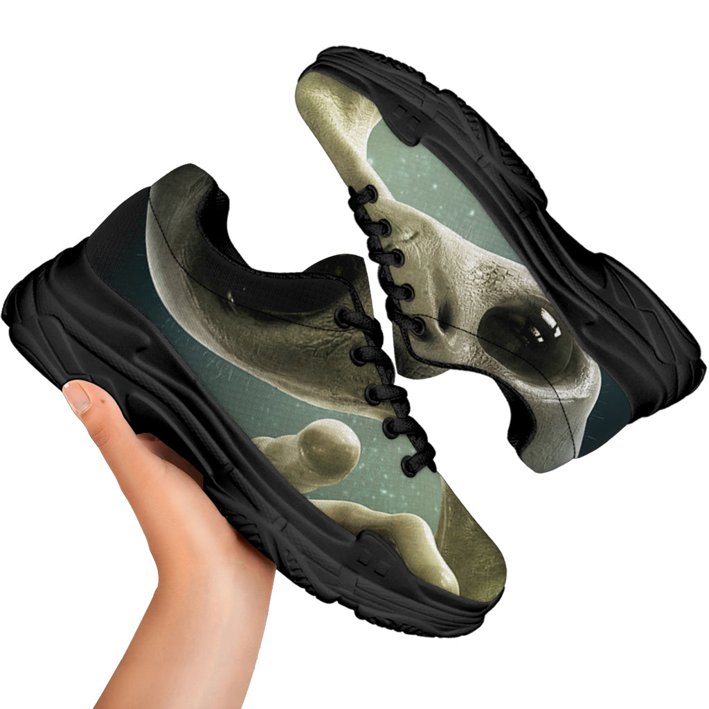 Grey Alien 3D Print Black Chunky Shoes